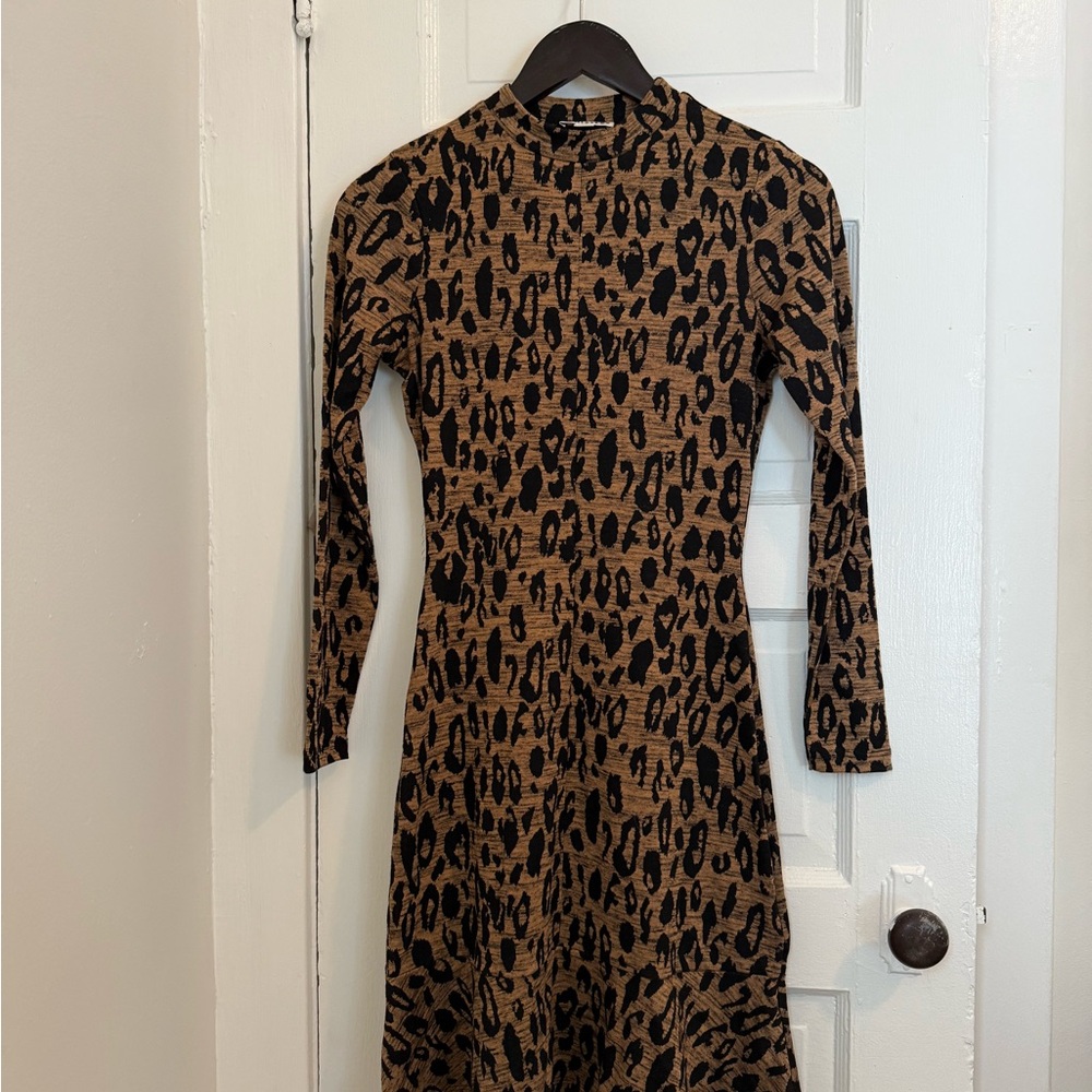 Whistles Black and Brown Animal Print Long Sleeve Dress